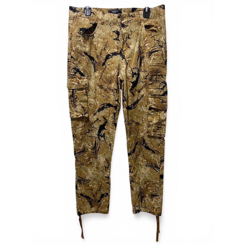 Forever 21 Men Brown Cotton Regular Fit Printed Cargo Joggers Size 33
